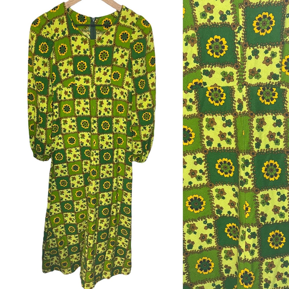 Vintage 70s Green and Yellow Floral Patchwork Pattern Festival Maxi Dress